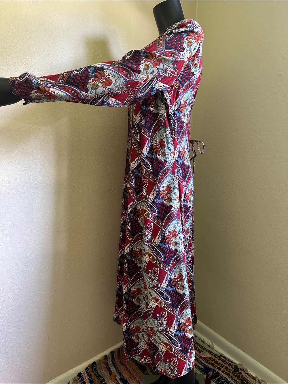 Vintage Erika Burgundy Paisley Button-Front Lace-Up Back Long Sleeve Maxi Dress - Picture 6 of 16